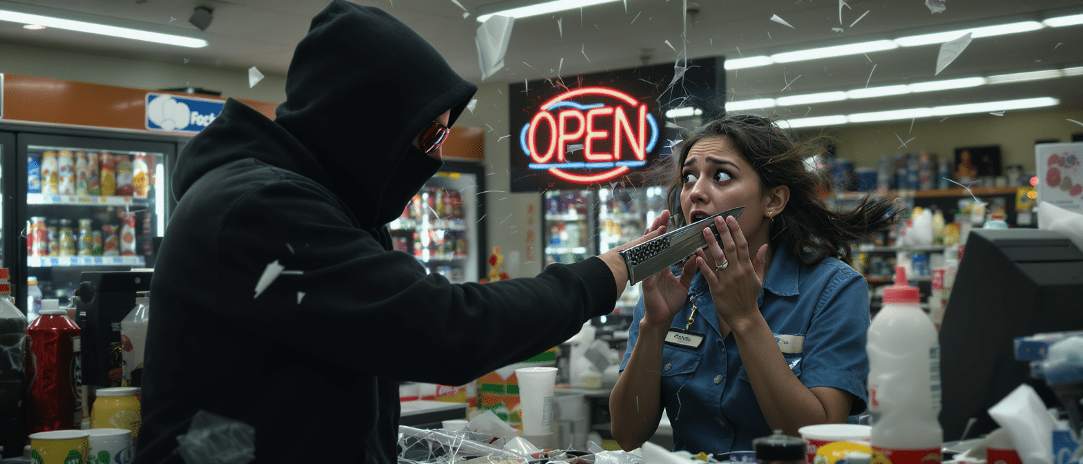 découvrez le récit poignant d'un braquage dans une boutique où la victime a été menacée avec un couteau de cuisine, obligeant à reculer face au danger.